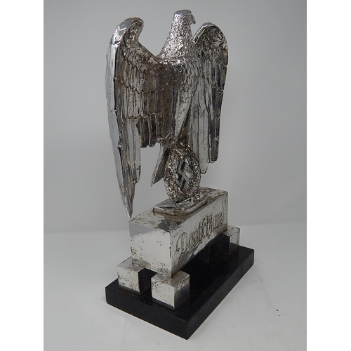 504 - SILVERED HEAVY BRONZE AND BLACK MARBLE NAZI GERMAN IMPERIAL EAGLE SCULPTURE bearing text: 'Deutschla... 