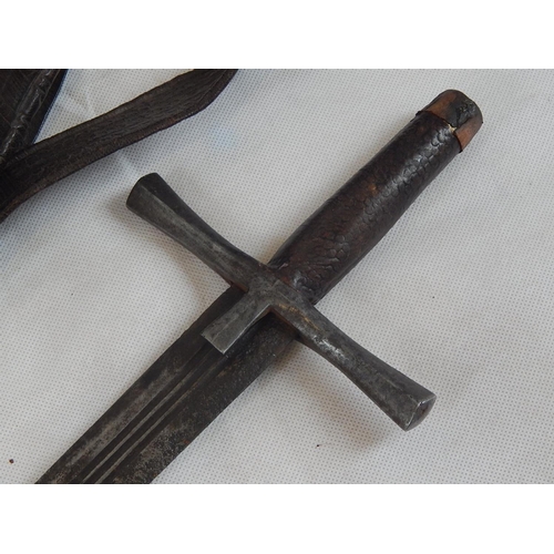 506 - Early Sudanese Kaskara Sword with Iron Cross Guard & Croc Skin Grip in Original Leather Scabbard: Me... 