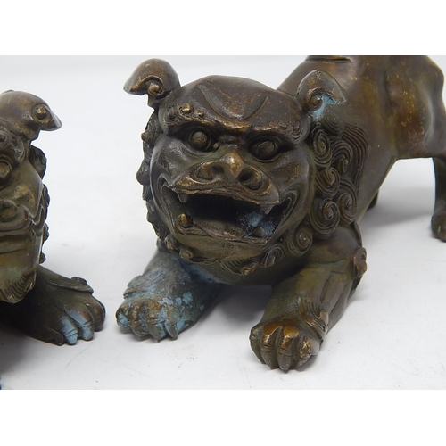 476 - CHINESE: Pair of Hollow Cast Bronze Temple Dogs with Good Cast Features & Patina. Each Measuring 15c... 