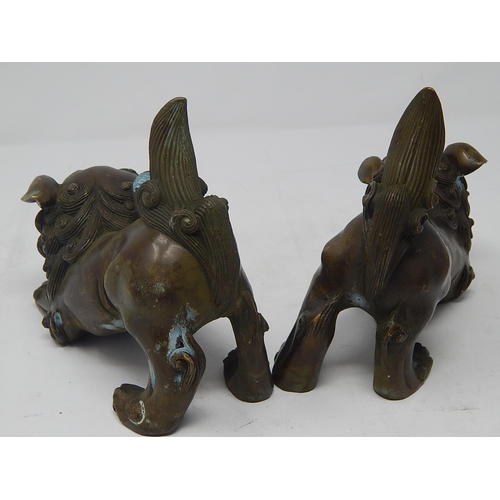 476 - CHINESE: Pair of Hollow Cast Bronze Temple Dogs with Good Cast Features & Patina. Each Measuring 15c... 