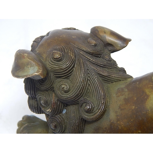 476 - CHINESE: Pair of Hollow Cast Bronze Temple Dogs with Good Cast Features & Patina. Each Measuring 15c... 