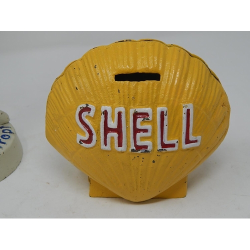 479 - Cast Iron SHELL Money Box (14cm wide) Together with an ESSO Cast Metal Figure (23cm High)