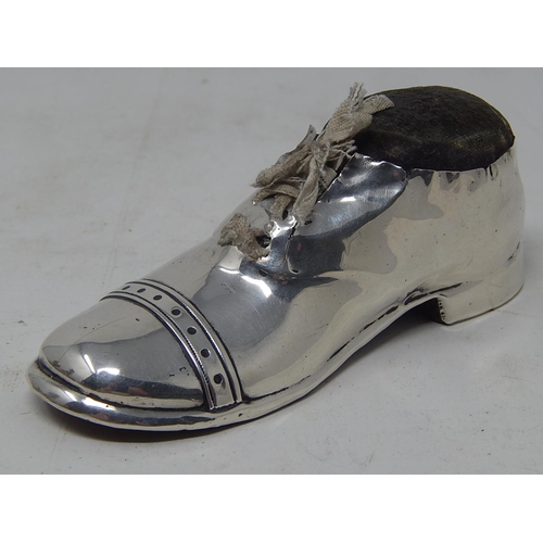 36 - Antique Large Silver pin Cushion Realistically Modelled as a Shoe with Lace. Hallmarked Birmingham 1... 