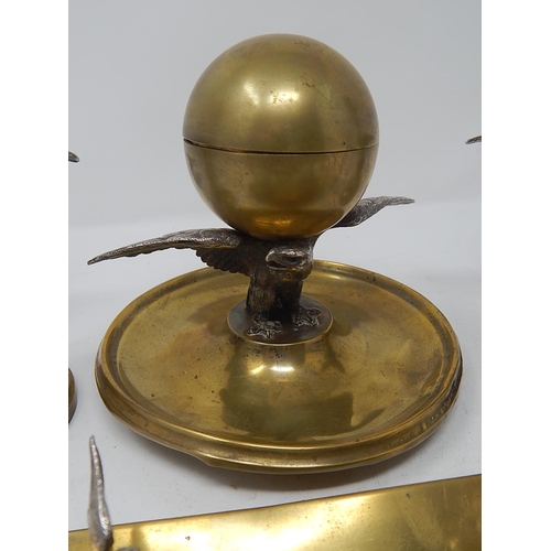 485 - C19th Brass Desk Set with Silver Metal Winged Eagles, Comprising: Inkstand with Ceramic Liner 14cm d... 