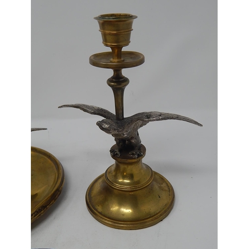 485 - C19th Brass Desk Set with Silver Metal Winged Eagles, Comprising: Inkstand with Ceramic Liner 14cm d... 