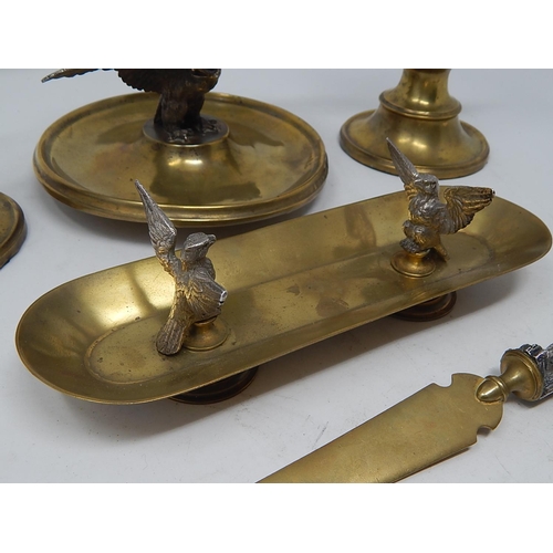 485 - C19th Brass Desk Set with Silver Metal Winged Eagles, Comprising: Inkstand with Ceramic Liner 14cm d... 