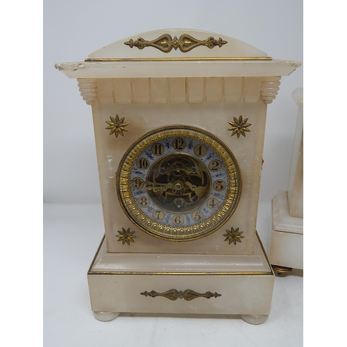 487 - Two Late C19th Alabaster Clocks: One With Visible Movement 30cm High, The Other Surmounted with a Li... 