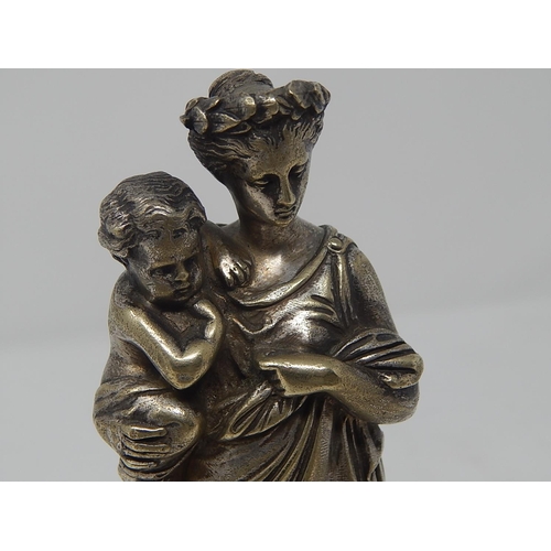 492 - C19th Silvered Bronze Figure of Mother & Child: Measuring 21.5cm.