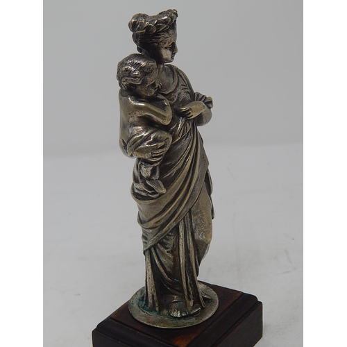 492 - C19th Silvered Bronze Figure of Mother & Child: Measuring 21.5cm.