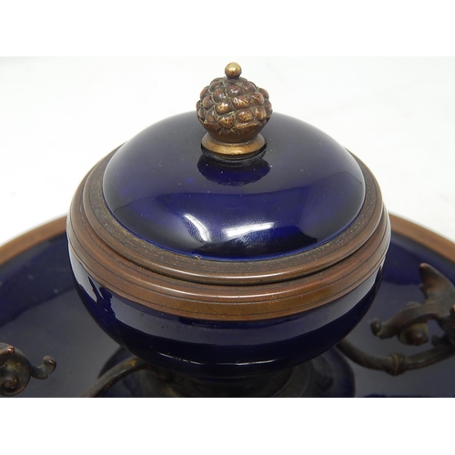 494 - C19th French Bronze & Blue Enamelled Sevres Style Inkstand with Winged Cherubs & Hinged Lid with Pin... 