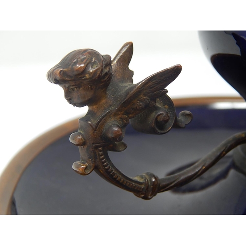 494 - C19th French Bronze & Blue Enamelled Sevres Style Inkstand with Winged Cherubs & Hinged Lid with Pin... 