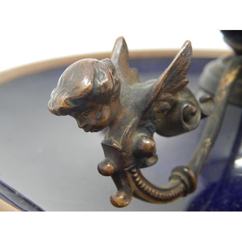 494 - C19th French Bronze & Blue Enamelled Sevres Style Inkstand with Winged Cherubs & Hinged Lid with Pin... 