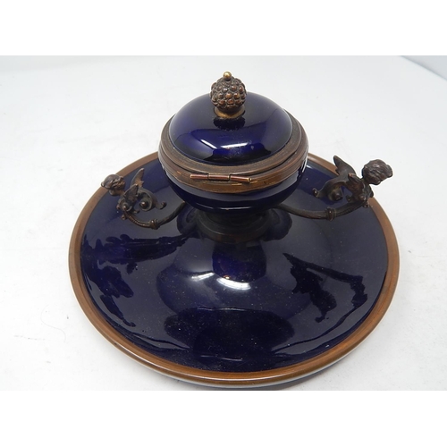 494 - C19th French Bronze & Blue Enamelled Sevres Style Inkstand with Winged Cherubs & Hinged Lid with Pin... 