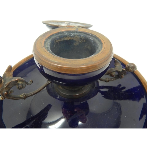 494 - C19th French Bronze & Blue Enamelled Sevres Style Inkstand with Winged Cherubs & Hinged Lid with Pin... 