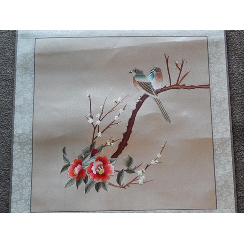 495 - Chinese Silk Scroll with Panel of Birds Amongst Foliage: Measures 98cm Long.