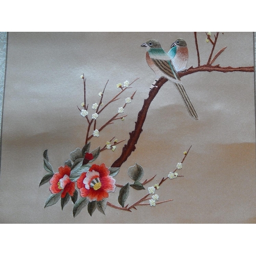 495 - Chinese Silk Scroll with Panel of Birds Amongst Foliage: Measures 98cm Long.