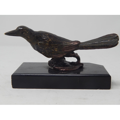 496 - C19th Bronze Sculpture of a Bird on Black Marble Base: Measuring 15cm Wide.