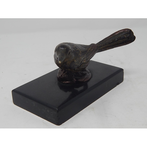 496 - C19th Bronze Sculpture of a Bird on Black Marble Base: Measuring 15cm Wide.