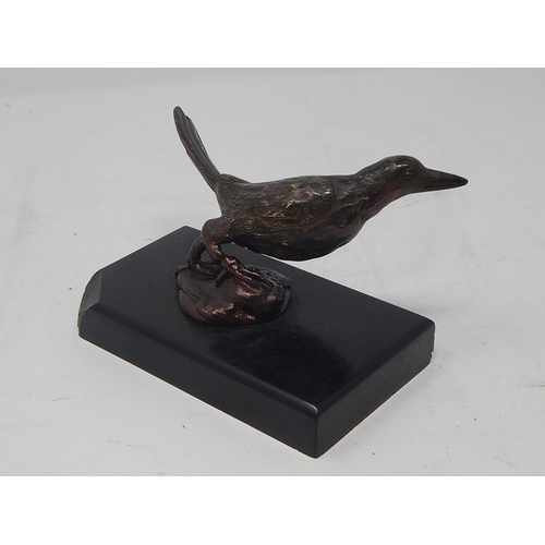 496 - C19th Bronze Sculpture of a Bird on Black Marble Base: Measuring 15cm Wide.