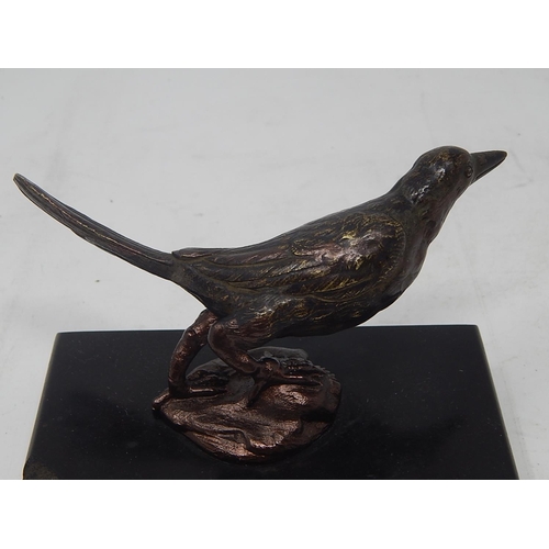 496 - C19th Bronze Sculpture of a Bird on Black Marble Base: Measuring 15cm Wide.