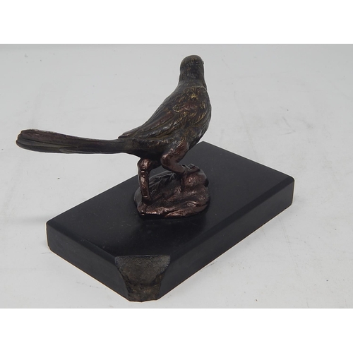 496 - C19th Bronze Sculpture of a Bird on Black Marble Base: Measuring 15cm Wide.