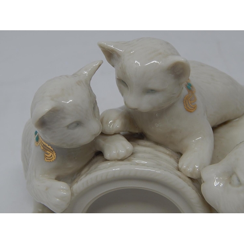 397 - China Clock Case Depicting a Cat & Kittens by Lenox. Measures 15cm.