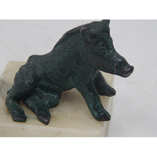 399 - Bronze Figure of a Wild Boar on an Alabaster Base. Measures 6.8cm diameter