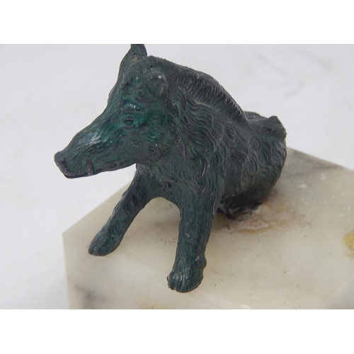 399 - Bronze Figure of a Wild Boar on an Alabaster Base. Measures 6.8cm diameter