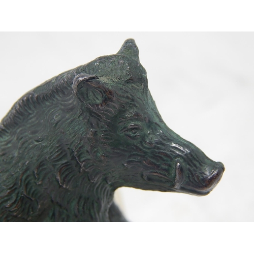 399 - Bronze Figure of a Wild Boar on an Alabaster Base. Measures 6.8cm diameter