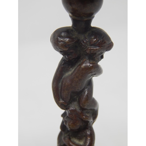 400 - Pair of Late C19th Bronze Candlesticks: Each with Three Putti on Shaped Bases: Height 16cm