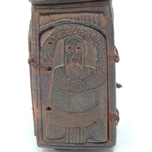 498 - Russian Orthodox Shrine Made From Terracota with Four Opening Doors Each Engraved With Figures. Meas... 