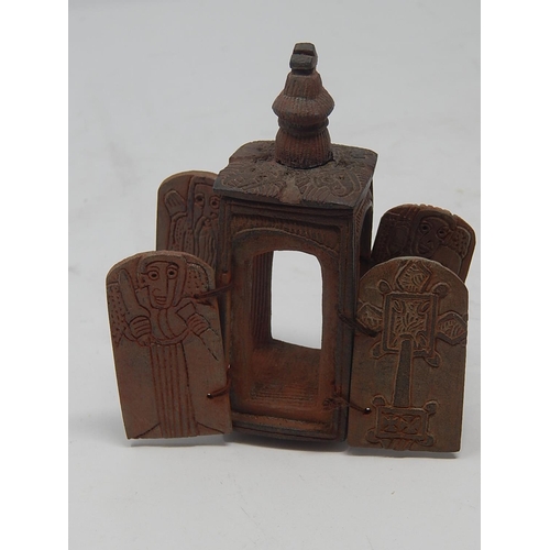 498 - Russian Orthodox Shrine Made From Terracota with Four Opening Doors Each Engraved With Figures. Meas... 