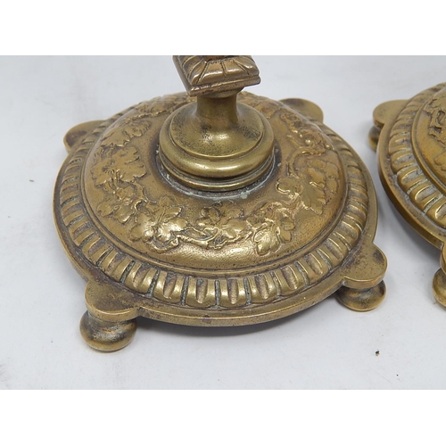 499 - Pair of French Antique Candlesticks with Figural Supports on Conical Bases with Drip Pans & Removeab... 