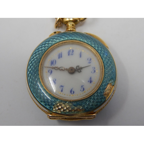 46 - Ed-Peter, Lucerne c.1900 18ct Gold & Enamel Keyless Fob Watch Set with 30 Diamonds. White Enamel Dia... 