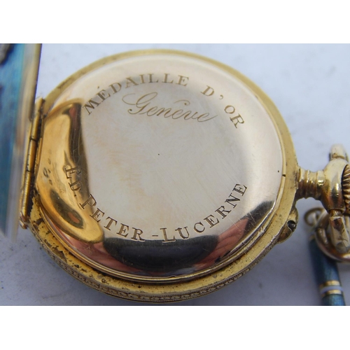 46 - Ed-Peter, Lucerne c.1900 18ct Gold & Enamel Keyless Fob Watch Set with 30 Diamonds. White Enamel Dia... 