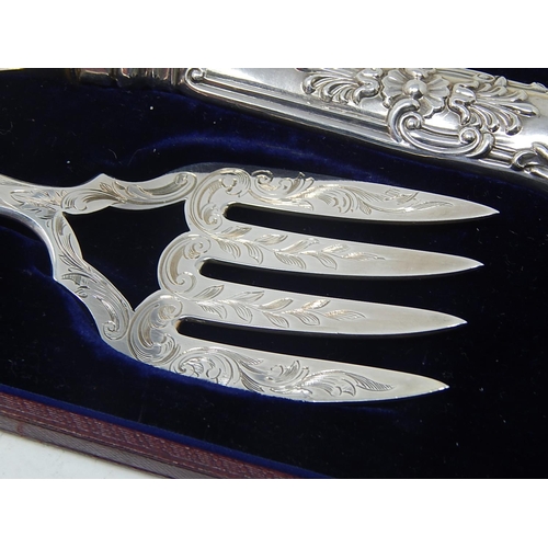 48 - Victorian Silver Fish Servers, comprising pierced knife (32cm) with matching fork (24cm) Hallmarked ... 