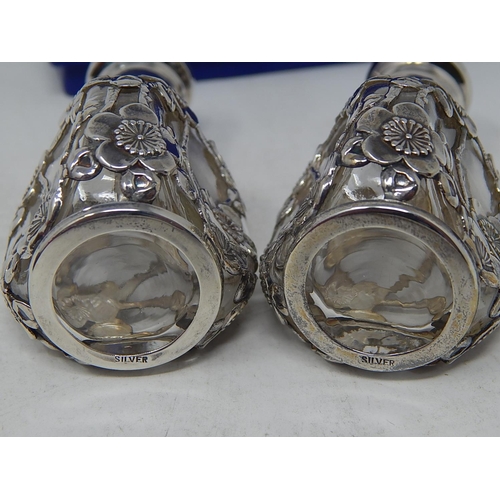 50 - Japanese Silver Mounted Cruet Set comprising salt & pepper, overlaid with silver prunus decoration. ... 