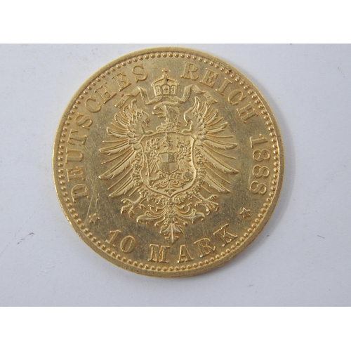 100F - German 10 marks 1888
Weight (grams): 3.98
Pure gold content (grams): 3.582
Fineness: 900.0
Dimension... 