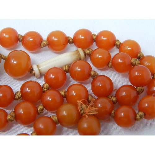 136 - 1920's Amber Necklace with Ivory & Stained Ivory Spacers: Length 90cm: Gross Weight 37g