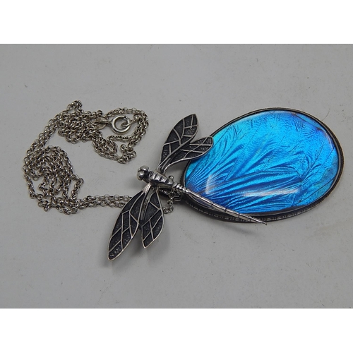 142 - Silver Dragonfly & Enamel Wing Pendant on Silver Chain.