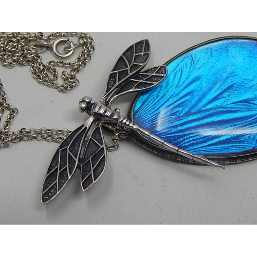 142 - Silver Dragonfly & Enamel Wing Pendant on Silver Chain.