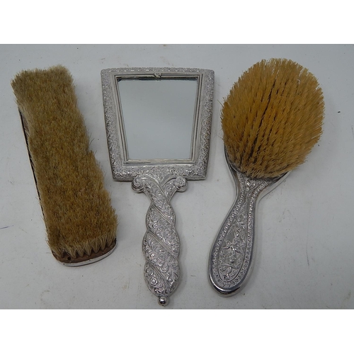 154 - C19th Indian Silver Three Piece Dressing Set Comprising Hand Mirror & Brushes: Marked 