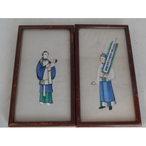 490 - Pair of C19th Chinese Silk Figural Pictures: Framed & Glazed: Each measuring approx 25.5cm x 12.5cm ... 