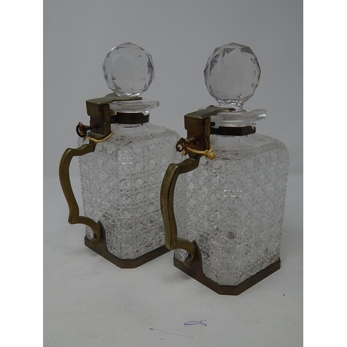 550 - Pair of Victorian Lockable Hob Nail Cut Whisky Decanters with Keys: Height 24cm