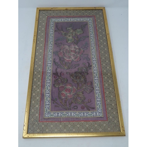 554 - Antique Chinese Silk Sleeve Framed & Glazed. Measures 48.5cm x 26.5cm