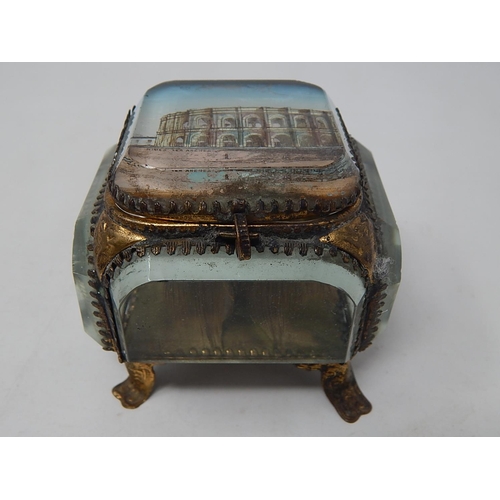 580 - French Ormolu Trinket/Jewellery Box with Bevelled Glass & Picture Top of Nimes Les Ardenes.