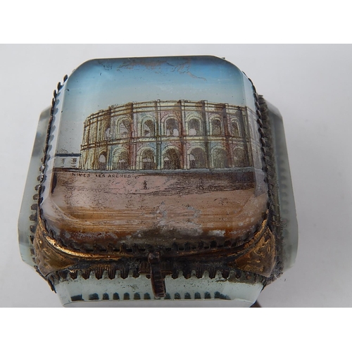 580 - French Ormolu Trinket/Jewellery Box with Bevelled Glass & Picture Top of Nimes Les Ardenes.