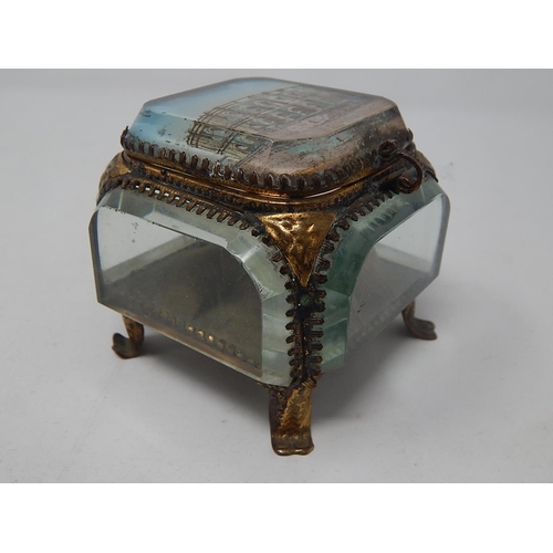 580 - French Ormolu Trinket/Jewellery Box with Bevelled Glass & Picture Top of Nimes Les Ardenes.