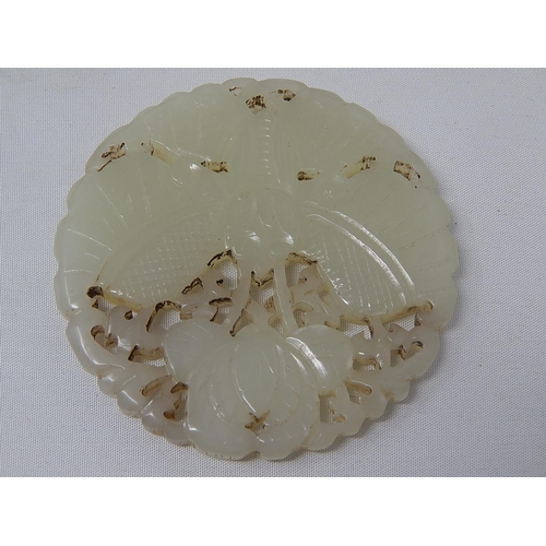 585 - Chinese Jade Plaque Depicting a Moth/Butterfly: Measures 5cm diameter