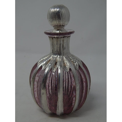 586 - Silver Clad Pink Ground Glass Scent Bottle with Stopper: Measures 12.5cm high